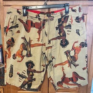 Akoo Brand Cargo Shorts, Men’s 40, WWII B-52 Bombers Pinup Girls Military Print